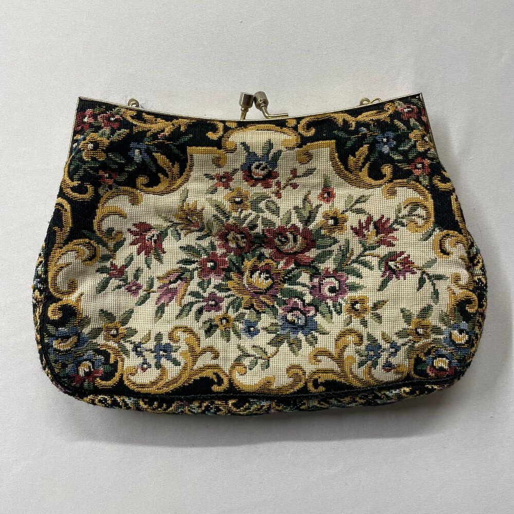 Vintage Tapestry Floral Clutch Kiss Lock Needlepoint Bag Made in Hong Kong